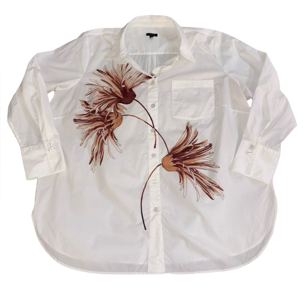 Talbots Plus 2X White Floral Button Down Shirt 100% Cotton